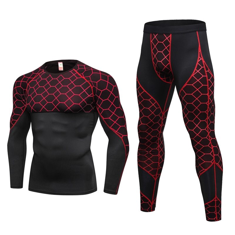 Men's Compression Run jogging Suits Grid Clothes Sports Set Long t shirt And Pants Gym Fitness workout Tights clothing 2pcs Sets