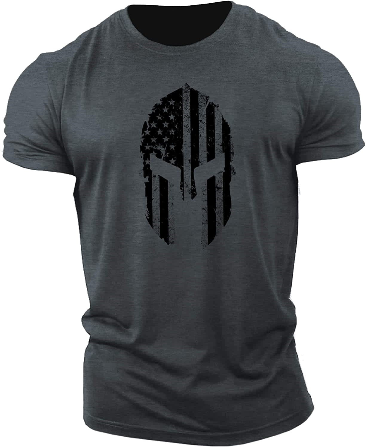 Men's American Flag Helmet Fitness Short Sleeve Cotton Gym T-shirt